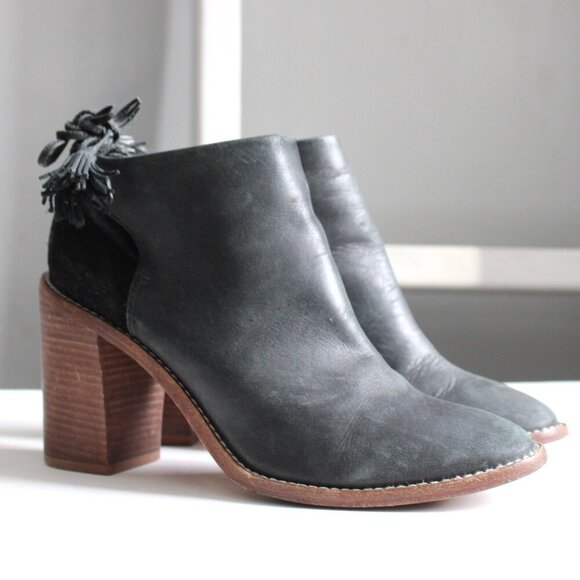 Madewell x Sézane Black Leather High Heel Tassel Boots Booties Size 8.5 - Picture 1 of 8